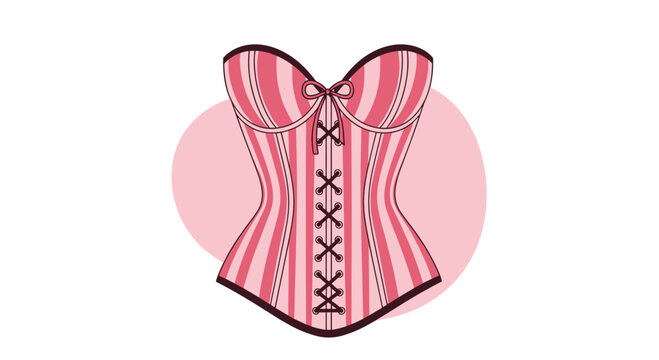 Stylish pink striped corset with delicate laces and charming bow details against a soft pink circular background.