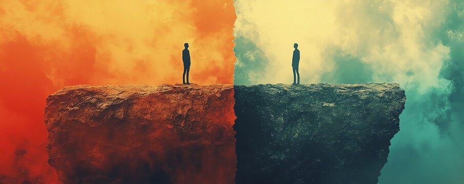 Illustration of two figures on a cliff, with a stark divide representing political polarization, abstract imagery and contrasting color tones, cinematic atmosphere, 4K render