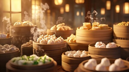 Fototapeta premium Steaming baskets of assorted Asian dumplings.