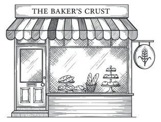 A vintage bakery storefront with pastries and bread displayed in black and white sketch vector style, ideal for food-related branding