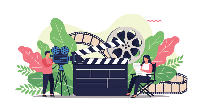 Dynamic illustration of a film crew working on a movie set with a camera clapperboard and film reel surrounded by tropical leaves representing cinema production.
