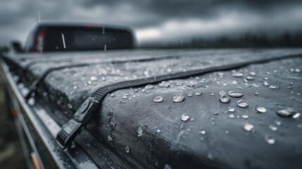 Medium shot of a rainresistant cargo tarp tightly securing goods on a truck bed with droplets sliding off the waterproof surface under gray skies.