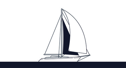 Simple line art illustration of a sailboat with sails unfurled gracefully gliding on a dark blue body of water representing maritime adventure.