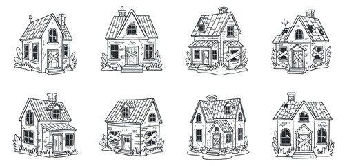 A collection of eight hand-drawn houses in black and white vector style, perfect for architectural design projects