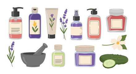 Comprehensive set of natural cosmetic products and ingredients including lavender cucumber oils and a mortar and pestle for organic beauty and skincare.