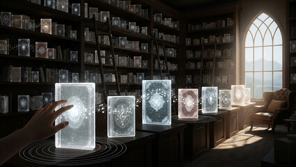 A mystical hand interacts with an illuminated, ancient spellbook in a grand magical library, revealing glowing arcane knowledge and forgotten secrets in a fantasy world