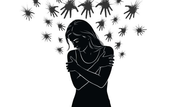 Silhouette of a distressed woman hugging herself while being attacked by abstract dark negative forces