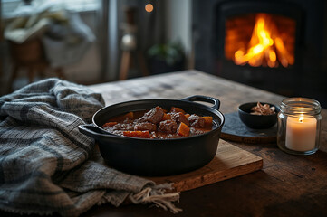 Iron pot with a hearty beef stew on a wooden dining table