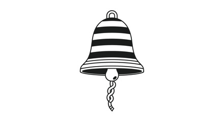 Distinctive black and white illustration of a striped bell with a uniquely twisted clapper symbolizing sound announcement and traditional elements.