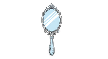 Elegant ornate oval hand mirror with a decorative silver frame and light blue reflective surface illustrating vintage beauty and personal accessory.