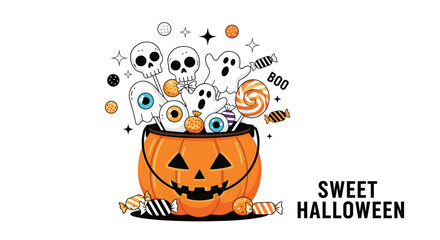 Festive Halloween pumpkin bucket overflowing with a cheerful assortment of candies skulls and ghosts alongside "Sweet Halloween" text for holiday treats.