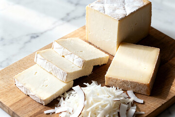 Vegan coconut cheese sliced ​​on a board, close-up,  diffused light