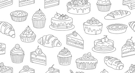 Elegant seamless pattern of various pastries and cakes including croissants cupcakes and different cake slices in a stylish line art style.