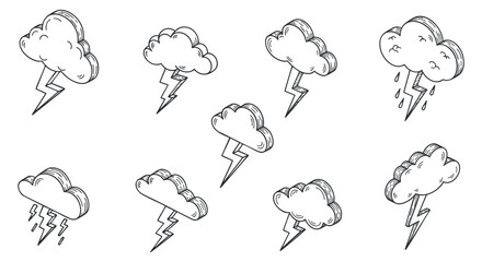 Obraz premium A collection of lightning and cloud icons in detailed outline vector style, suitable for weather-themed designs and illustrations