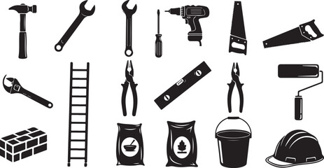 Obraz premium Black construction and building tool icons set