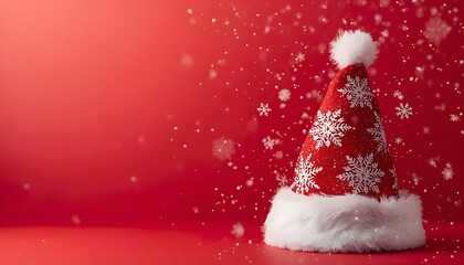 Red Santa hat on a festive red background with white snowflakes and falling snow. Minimal Christmas holiday composition with copy space, suitable for greeting cards, banners, promotions, and seasonal 