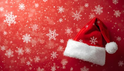 Red Santa hat on a festive red background with white snowflakes and falling snow. Minimal Christmas holiday composition with copy space, suitable for greeting cards, banners, promotions, and seasonal 