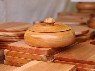A set of traditional cookware made from wood material in authentic Indian culture.