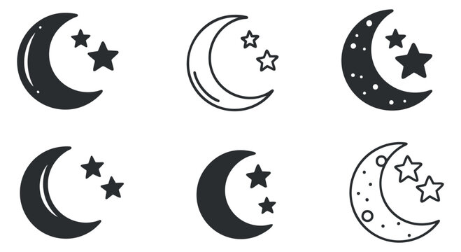A collection of moon and star icons in black and white minimalist vector style, suitable for celestial-themed designs