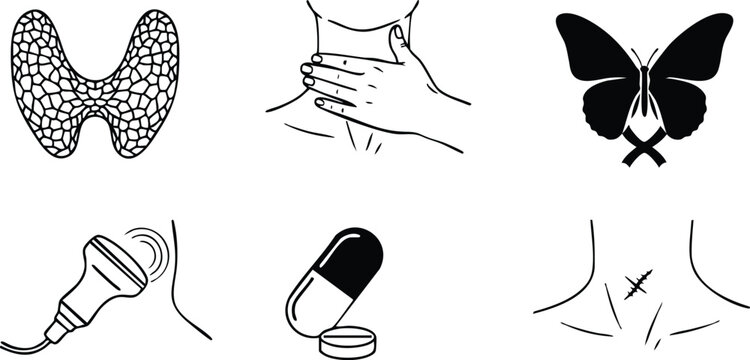 Line art thyroid icon set showing neck palpation and ultrasound probe close up capsule pill and thyroid gland surgical scar medical vector illustration diagnostic endocrine healthcare