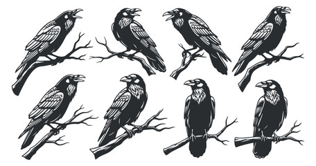 Obraz premium A set of eight stylized crows and ravens perched on branches in black and white vector style, ideal for nature-themed designs
