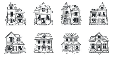 A collection of eight variously styled houses in a black and white outline vector style, ideal for architectural illustrations and creative projects