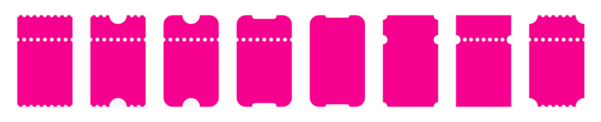 Set of pink ticket mockups with ruffle edges and shadows. Small vertical empty templates. Concert, movie or theater ticket. Boarding blank, lottery, sale coupon