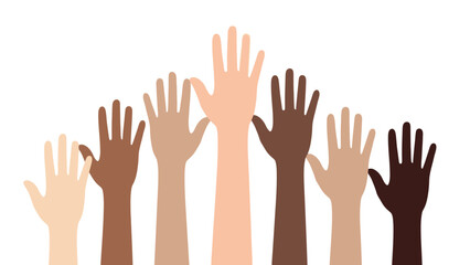 Obraz premium A diverse group of hands raised high in the air symbolizing unity, participation, and community spirit in a vibrant illustration