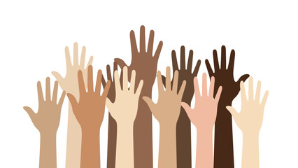 A diverse group of hands of various skin tones raised in unison against a white background, symbolizing unity, community, and equality
