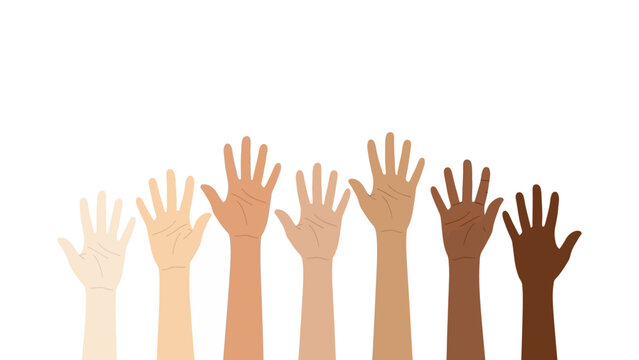 Diverse hands raised in unity, symbolizing equality, community, and a call for collective action and solidarity - Powered by Adobe