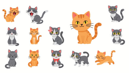 Collection of Adorable Cartoon Cats in Various Poses and Expressions, Perfect for Playful Designs © Abhinaya Project