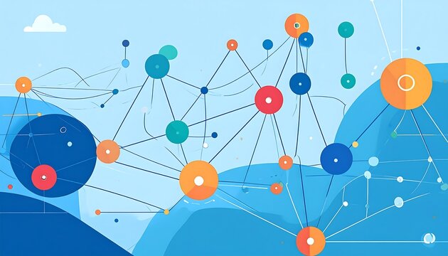 Connected circles of different sizes, linked with lines over a blue landscape - Powered by Adobe