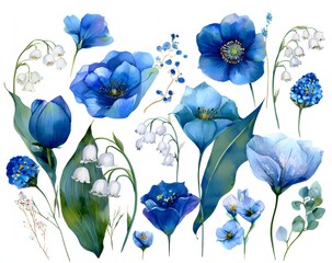 Blue Flowers Watercolor Illustration