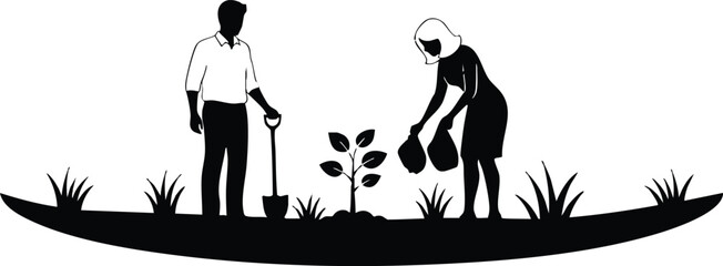 Minimalist silhouette vector of man and woman planting young tree together watering digging in community garden side view low angle soft morning light peaceful scene outdoor