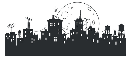 Fototapeta premium A city skyline silhouette with buildings, antennas, and a large moon in flat black and white vector style, ideal for urban-themed designs