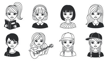 Fototapeta premium A collection of eight diverse girl icons in black and white minimalist vector style, suitable for youth-related projects and branding