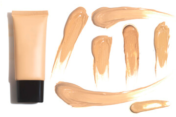 foundation primer cream lotion cosmetic for makeup, product mockup packaging tube bottle in flat lay close-up view