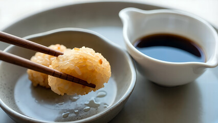 Chopsticks picking up rice cake with soy sauce on a plate  