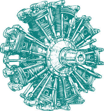 Retro Radial Airplane Engine Illustration with Multiple Cylinders and Propeller Hub radial engine