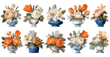 Floral arrangements in blue and white vases
