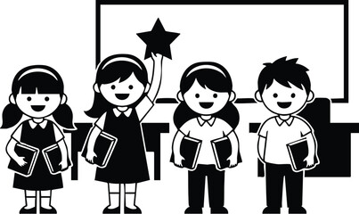Line art front facing school children smiling holding books and a star wand in front of classroom blackboard full body simple silhouette educational icon monochrome vector