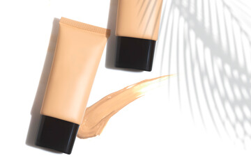 foundation primer cream lotion cosmetic for makeup, product mockup packaging tube bottle in flat...