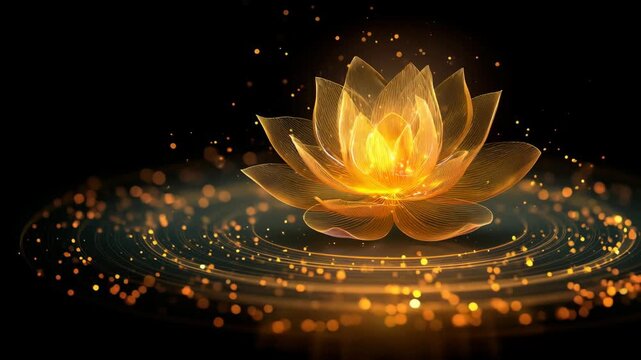 Stunning golden lotus flower design with glowing particles and abstract patterns for wellness and tranquility.