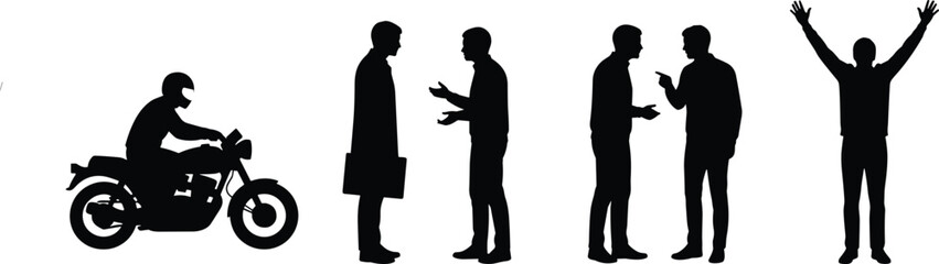 People activity silhouettes isolated on white background, motorbike riding, business conversation, discussion, success gesture illustration for lifestyle, communication concept vector