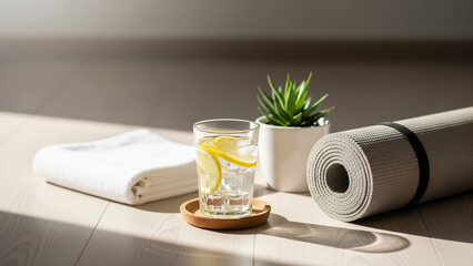 Minimalist wellness and fitness setup with yoga mat lemon water and natural morning sunlight