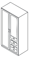 A minimalist wardrobe cabinet with two doors and three drawers in black and white outline vector style, suitable for interior design projects