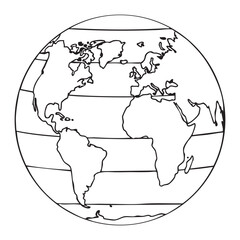 Simple black and white world map globe line drawing
