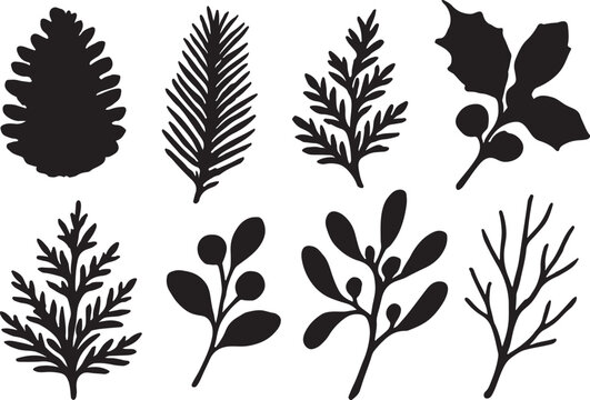 Christmas pine cone, fir tree, branch needle, leaf. Winter sprig, holly berry, Xmas spruce, mistletoe, evergreen cedar, black twig nature silhouette vector illustrations