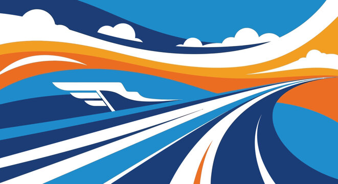 Abstract representation of a highway leading to the horizon with stylized clouds and wings.