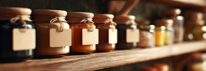 Jars of various contents arranged on wooden shelf with blank labels